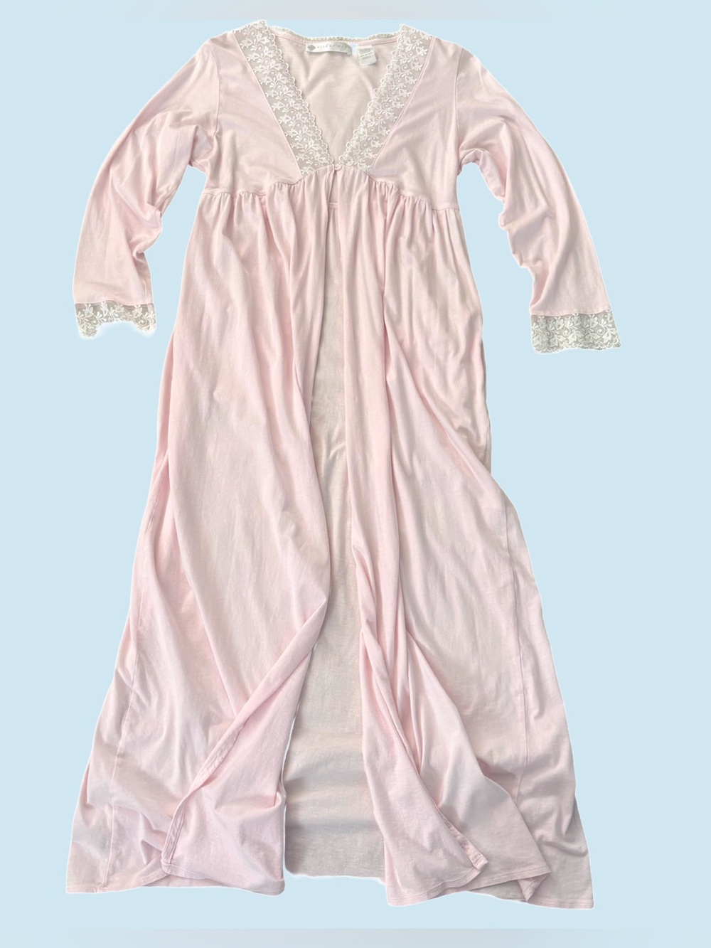 Eileen West Lace-Trim Long Pink Cotton Lace Open Dressing Gown Light Robe